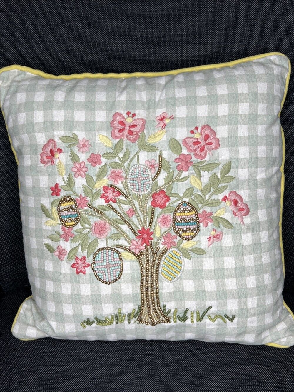Pier 1 Beaded Accent Pillow Gingham Easter Egg Tree 16 in Square Spring